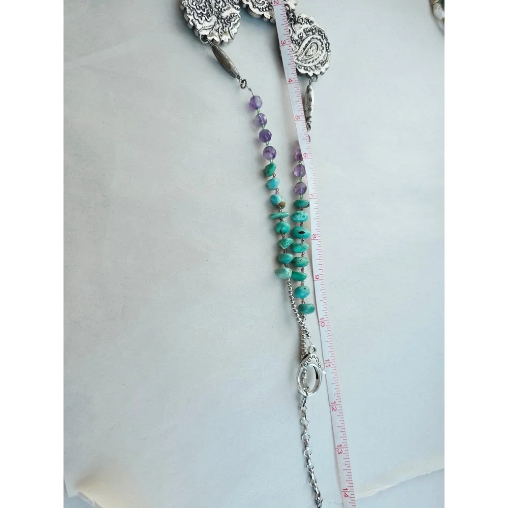Southwestern Amethyst Magnesite Turquoise Silver Tone Boho Statement Necklace